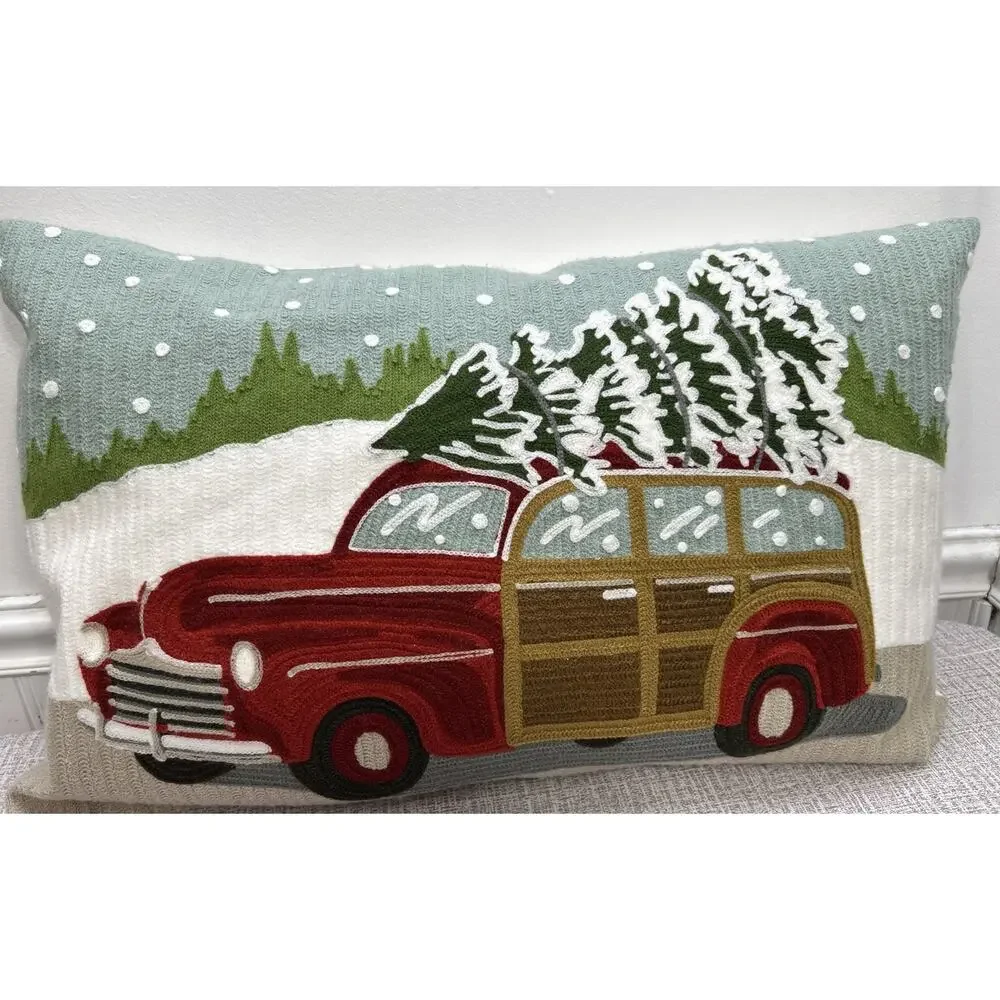 Pottery Barn WOODY CAR Crewel Embroidered Pillow Cover with Down Pillow Insert